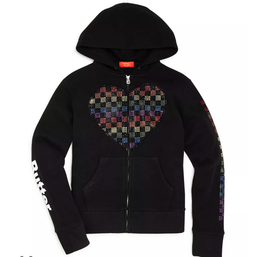 Butter Kids Black Hoodie Zip Up with Rainbow Rhinestone Heart